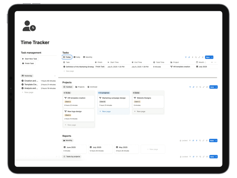 Notion template: Time Tracker - Master your time and boost productivity with this free Notion Time Tracker. Perfect for freelancers, students, and professionals who want to take control of their daily workflow.