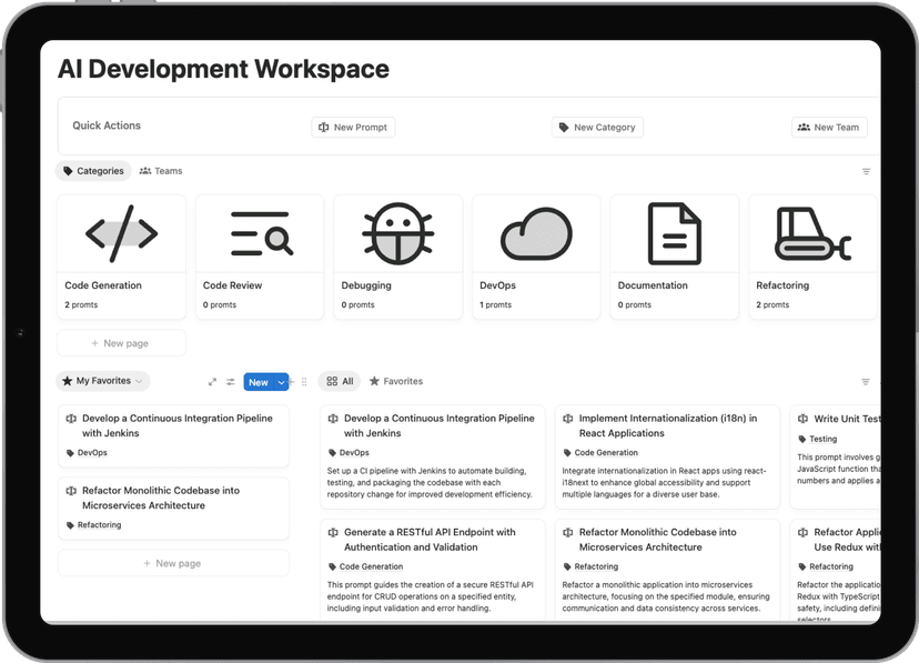 Notion template: AI Development Workspace - Organize AI projects, experiments, and prompts in one workspace. Perfect for developers and AI enthusiasts.