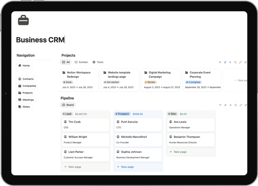 Notion template: Business CRM - Manage clients, deals, and relationships in one powerful CRM. Perfect for small businesses, agencies, and solopreneurs.