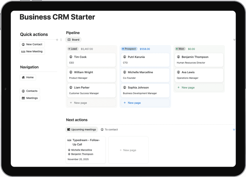 Notion template: Business CRM Starter - Free CRM template to get started with client management. Perfect for entrepreneurs and small businesses.