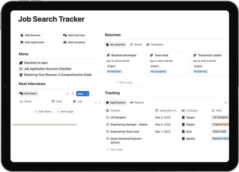 Notion template: Job Search Tracker - Stay organized during your job search. Track applications, interviews, and follow-ups in one place.