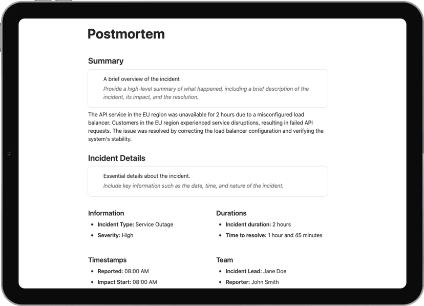 Notion template: Postmortem Starter - Stop repeating the same incidents. Battle-tested postmortem template that helps dev teams identify root causes 3x faster and turn every failure into documented learnings. Free forever.