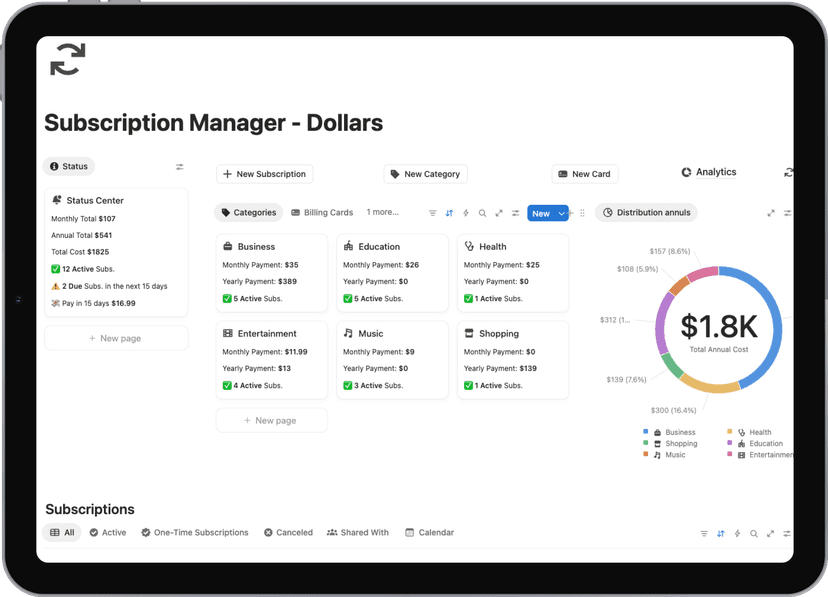 Notion template: Subscription Manager - Track your subscriptions and save money with Subscription Manager, a Notion template for freelancers, teams, and creators who want to manage their subscriptions.