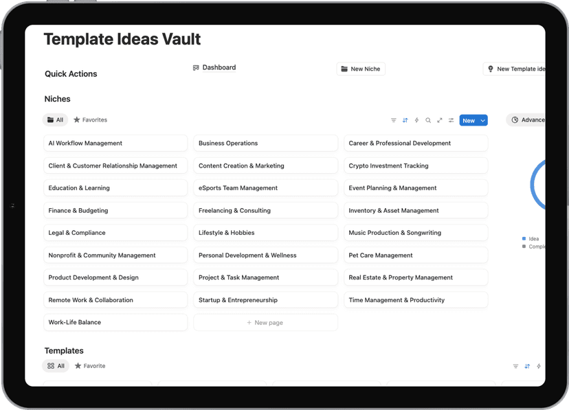 Notion template: Template Ideas Vault Starter - Free template to organize and develop your Notion template ideas. For aspiring template creators.